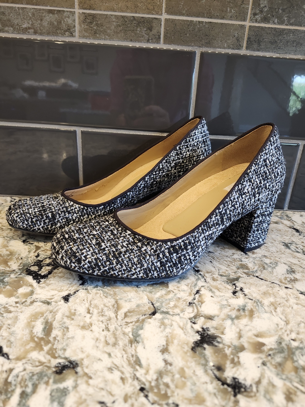 Naturalizer Black & White Tweed Block Heel Pumps